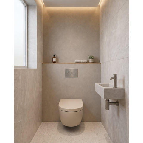 QeramiQ Dely Toiletset - 36.3x51.7cm - diepspoel - rimless - Geberit UP720 inbouwreservoir - softclose toilet zitting 35 mm - steel bedieningsplaat - ronde knoppen - mat beige SW1426548