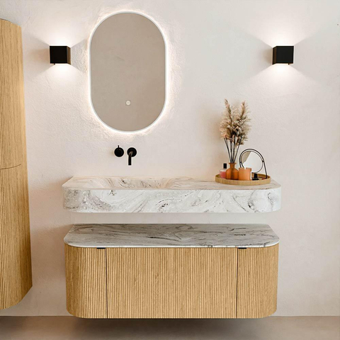 MONDIAZ THOR-DLUX 120cm meuble de salle de bains arrondi gauche + droite couleur Oak avec 1 tiroir et 2 portes. Vasque suspendue CLOUD gauche sans trou de robinet couleur Glace. SW1463072