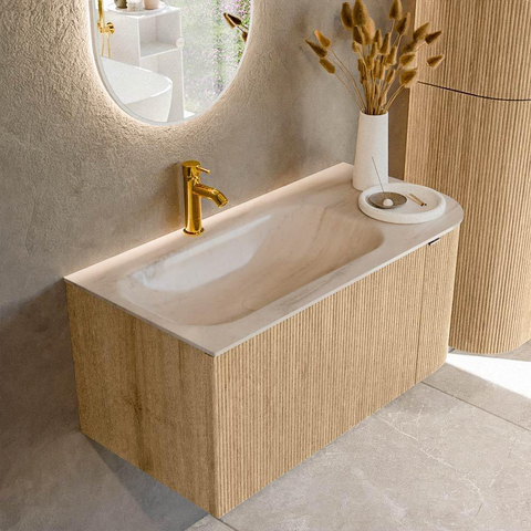 MONDIAZ KURVE-DLUX Meuble de salle de bains 95cm arrondi à droite couleur Chêne avec 1 tiroir et 1 porte. Lavabo BIG SMALL à gauche 1 trou de robinet Meli. SW1431574