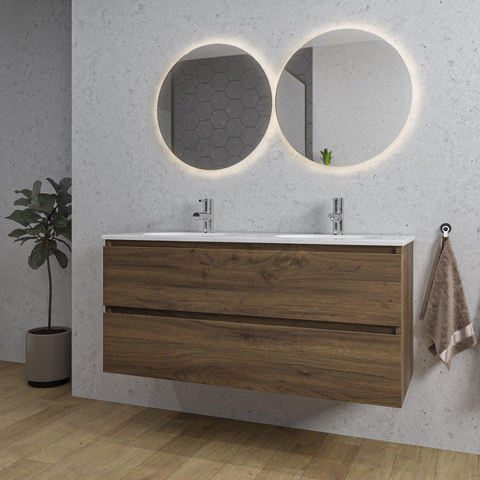Saniclass Chaci Meuble de salle de bain - 120x45x55cm - lavabo en céramique brillant blanc - 2 vasques - 2 trous de robinet - 2 tiroirs - noyer SW721289