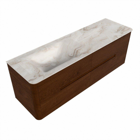 Mondiaz CIRO-DLUX Meuble de salle de bains - 150x45x50cm - Plan vasque solid surface Frappe - 1 lavabo à gauche - 1 trou de robinetterie - 4 tiroirs - Ruby SW1531338