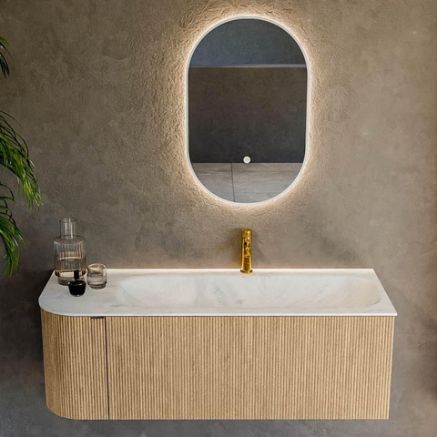 MONDIAZ KURVE-DLUX Meuble de salle de bains 125cm avec module 25 L couleur Oak avec 1 tiroir et 1 porte. Lavabo BIG MEDIUM à droite 1 trou de robinet couleur Opalo. SW1137584