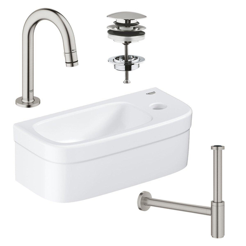 Grohe Euro Fonteinset - 37x18cm - rechthoek - 1 kraangat - zonder overloop - gebogen kraan - sifon - afvoerplug - wit/Supersteel (RVS) SW657320