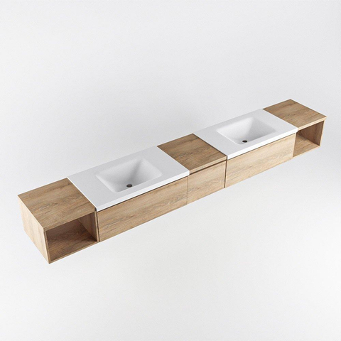 MONDIAZ BUKLA 280cm ensemble de meuble avec module ouvert 40 L+R couleur Chêne blanchi avec 3 tiroirs. Lavabo CLOUD double 0 trou de robinet couleur Talc. SW1382292