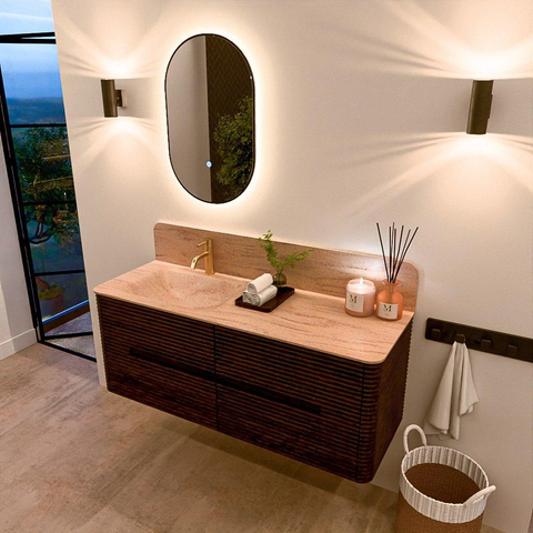 Mondiaz CIRO-DLUX Badkamermeubelset - 130x45x50cm - Solid surface wastafel Saba - 1 wasbak Links - 1 kraangat - 4 lades - Walnut SW1530685