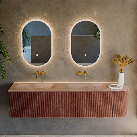 MONDIAZ KURVE-DLUX 175cm meuble de salle de bains avec arrondi à droite couleur Ruby avec 2 tiroirs et 1 porte. Lavabo STOR SMALL Double / gauche sans trou de robinet Saba. SW1433516