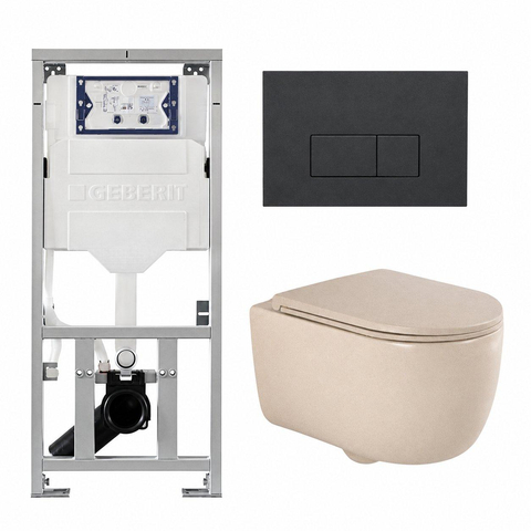 QeramiQ Dely Swirl Toiletset - 36.3x51.7cm - Geberit UP320 inbouwreservoir - met Burda frame - slimzitting - bedieningsplaat antraciet mat - rechthoekige knoppen - mat beige SW1164263