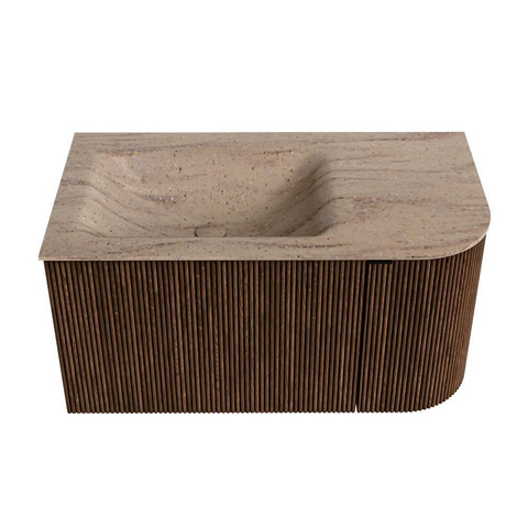 MONDIAZ KURVE-DLUX meuble de salle de bains 85cm arrondi droite couleur noyer avec 1 tiroir et 1 porte. Lavabo CLOUD gauche 1 trou de robinet Saba. SW1433140