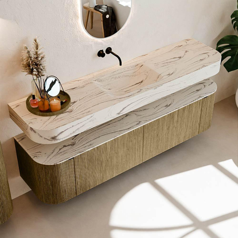 MONDIAZ THOR-DLUX Meuble de salle de bains - 180cm - arrondi gauche + droite - couleur Dusk - 2 tiroirs - 2 portes - Vasque suspendue CLOUD Milieu sans trou de robinet - couleur Nata SW1466218