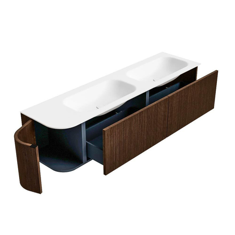 MONDIAZ KURVE 175cm meuble de salle de bains avec module 25 L couleur Walnut avec 2 tiroirs et 1 porte. Lavabo BIG SMALL double / droite 2 trous de robinet Talc. SW1138326