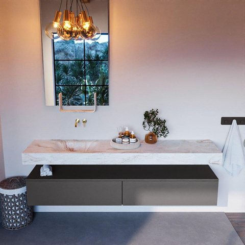 Mondiaz ALAN-DLUX Ensemble de meuble - 200cm - meuble Dark grey mat - 2 tiroirs - Lavabo Cloud Frappe suspendu - vasque Gauche - 0 trous de robinet SW805196