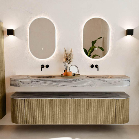 MONDIAZ THOR-DLUX 190cm meuble de salle de bains arrondi gauche + droite couleur Dusk avec 2 tiroirs et 2 portes. Vasque suspendue CLOUD Double sans trou de robinet couleur Sombra. SW1466698