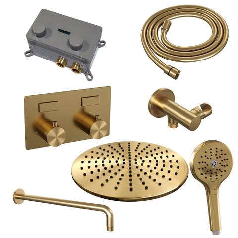 BRAUER Gold Edition Douche de pluie thermostatique encastrée - boutons-poussoirs - SET 58 - douche de tête 30cm - bras mural courbé - douchette 3 jets - flexible de douche - coude d'alimentation mural - or brossé PVD SW925660