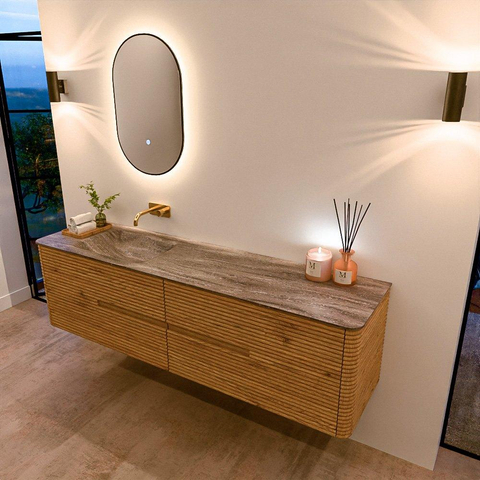 Mondiaz CIRO-DLUX Ensemble de meubles de salle de bains - 180x45x50cm - lavabo Solid surface Oza - 1 vasque à gauche - sans trous de robinet - 4 tiroirs - Chêne SW1531173