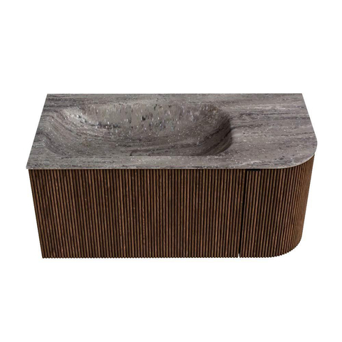 MONDIAZ KURVE-DLUX 95cm badmeubel ronding Rechts kleur Walnut met 1 lade en 1 deur. Wastafel BIG SMALL Links 1 kraangat Oza. SW1432720