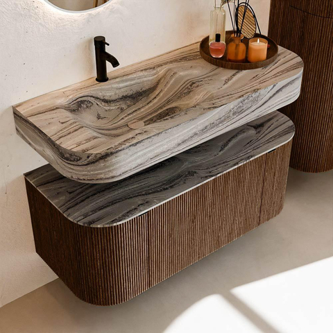 MONDIAZ THOR-DLUX Meuble de salle de bains 110cm arrondi gauche + droite couleur Walnut avec 1 tiroir et 2 portes. Vasque suspendue CLOUD Gauche 1 trou de robinet couleur Sombra. SW1463030