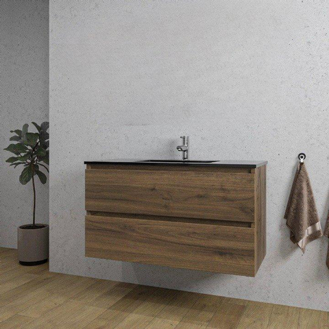 Saniclass Chaci Meuble de salle de bain - 100x45x55cm - lavabo en céramique noir mat - 1 vasque - 1 trou de robinet - 2 tiroirs - noyer SW809379