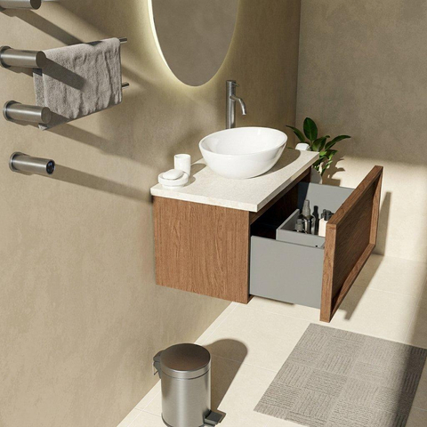 Saniclass Holz Frame Badkamermeubelset - 80x45x43cm - Travertine natuurstenen topblad - 1 kraangat - 1 lade - mat walnut pure (hout) SW1478847