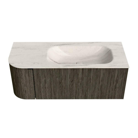 MONDIAZ KURVE-DLUX Meuble de salle de bains 115cm arrondi à gauche couleur Shadow avec 1 tiroir et 1 porte. Lavabo BIG SMALL à droite 1 trou de robinet Meli. SW1431806