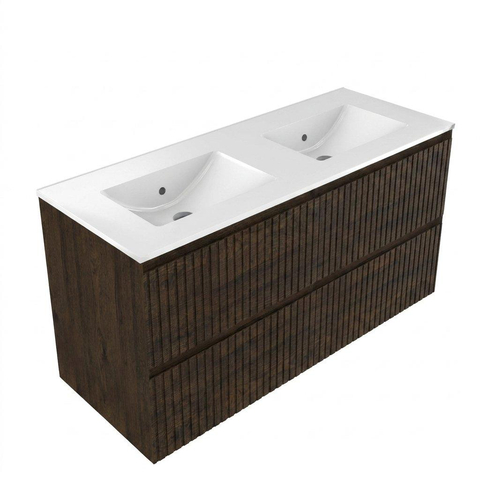 Saniclass Holz Atelier Meuble de salle de bain - 120x45x60cm - lavabo en céramique blanc - 2 vasques - sans trous de robinet - 2 tiroirs - Charcoal SW1437731