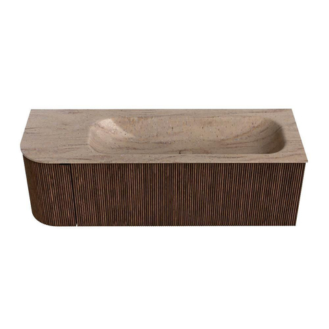 MONDIAZ KURVE-DLUX 135cm badmeubel ronding Links kleur Walnut met 1 lade en 1 deur. Wastafel BIG MEDIUM Rechts zonder kraangat Saba. SW1433183