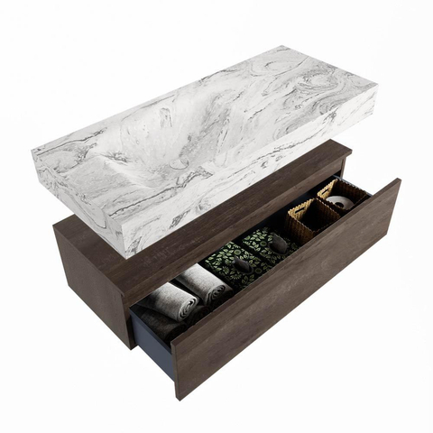 Mondiaz ALAN-DLUX Ensemble de meuble de salle de bains - 150x46cm - 1 tiroir - lavabo suspendu - sans trous de robinet - 1 à gauche - Dark brown (chêne foncé) SW1408662