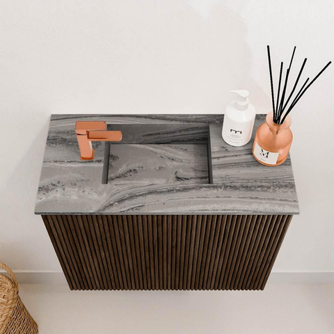 Mondiaz JOYA-DLUX 50cm toiletmeubel - kleur Walnut - Wastafel FAYE positie Links 1 kraangat kleur Sombra. SW1424709