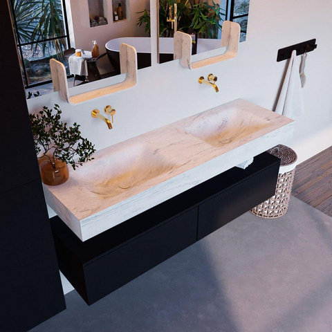 Mondiaz ALAN-DLUX Ensemble de meuble - 150cm - meuble Urban mat - 2 tiroirs - Lavabo Cloud Opalo suspendu - vasque Gauche et droite - 0 trous de robinet SW806304