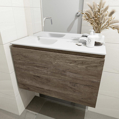 MONDIAZ OLAN Toiletmeubel 80x30x40cm met 0 kraangaten 1 lades dark brown mat Wastafel Lex links Solid Surface Wit SW473493