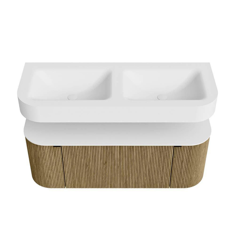 MONDIAZ THOR Meuble de salle de bains 120cm arrondi gauche + droite couleur Dusk avec 1 tiroir et 2 portes. Vasque suspendue CLOUD Double 2 trous de robinet couleur Talc. SW1463239