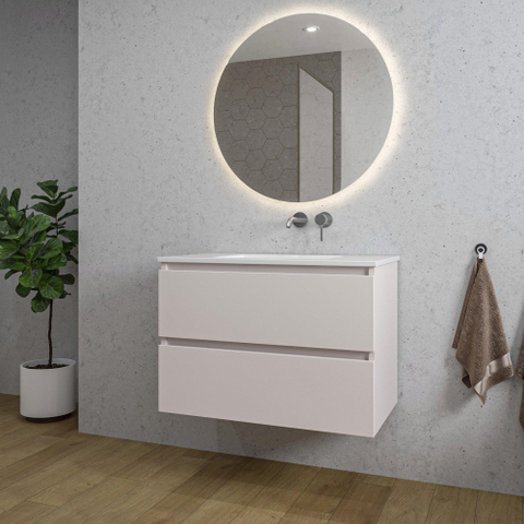 Saniclass Chaci Meuble de salle de bain - 80x46x55cm - lavabo en céramique blanc - 1 vasque - sans trous de robinet - 2 tiroirs - ronde miroir avec éclairage - mat cotton (beige) SW1182355