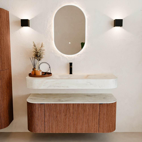 MONDIAZ THOR-DLUX 120cm badmeubel ronding links + rechts kleur Ruby met 1 lade en 2 deuren. Vrijhangende wastafel CLOUD Midden 1 kraangat kleur Ostra. SW1463136