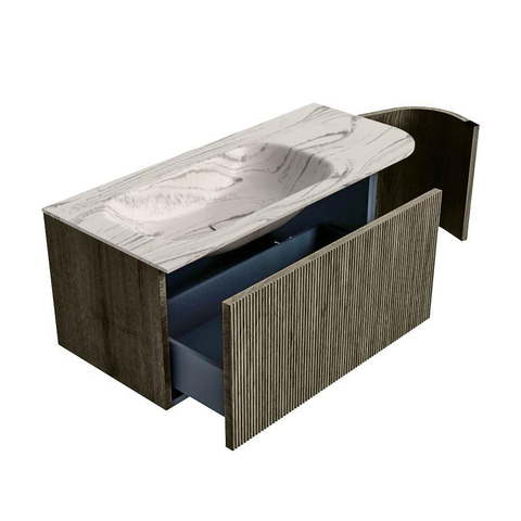 MONDIAZ KURVE-DLUX Meuble de salle de bains 105cm arrondi à droite couleur Shadow avec 1 tiroir et 1 porte. Lavabo BIG SMALL à gauche sans trou de robinet Nata. SW1432285