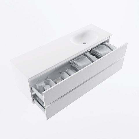 MONDIAZ VICA meuble sous lavabo 150cm Talc 2 tiroirs. Lavabo MOON à droite sans trou de robinet, couleur Talc. SW1381875