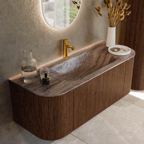 MONDIAZ KURVE-DLUX Meuble de salle de bains 120 cm arrondi Gauche + Droite couleur Walnut avec 1 tiroir et 2 portes. Lavabo BIG SMALL Milieu 1 trou de robinet Oza. SW1432718