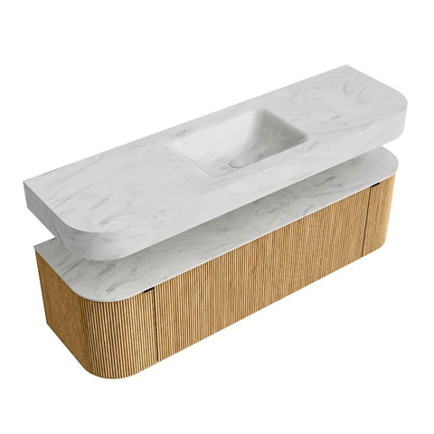 MONDIAZ THOR-DLUX 160cm badmeubel ronding links + rechts kleur Oak met 1 lade en 2 deuren. Vrijhangende wastafel CLOUD Midden zonder kraangat kleur Opalo. SW1464972