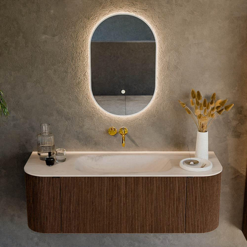 MONDIAZ KURVE-DLUX 130cm badmeubel ronding Links + Rechts kleur Walnut met 1 lade en 2 deuren. Wastafel BIG SMALL Midden zonder kraangat Meli. SW1431684