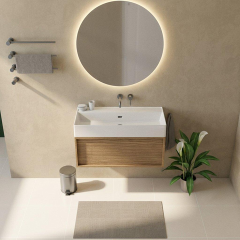 Saniclass Holz Frame Badkamermeubelset - 100x45x52cm - Legend keramische wastafel wit - 1 wasbak - zonder kraangat - 1 lade - mat eiken natural (hout) SW1478483