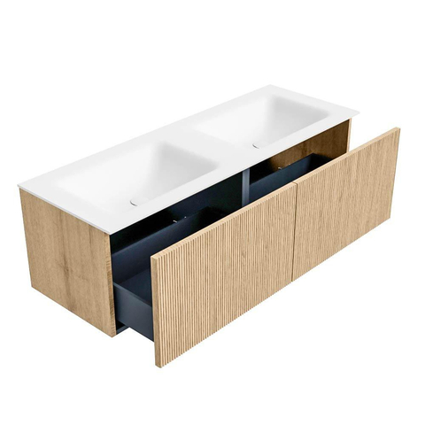 MONDIAZ KURVE Meuble de salle de bains 130 cm couleur Oak avec 2 tiroirs. Plan-vasque CLOUD double sans trou de robinetterie Talc. SW1138249