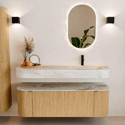 MONDIAZ THOR-DLUX Meuble de salle de bains 140cm arrondi gauche + droite couleur Oak avec 1 tiroir et 2 portes. Vasque suspendue CLOUD Droite 1 trou de robinet couleur Frappe. SW1463892