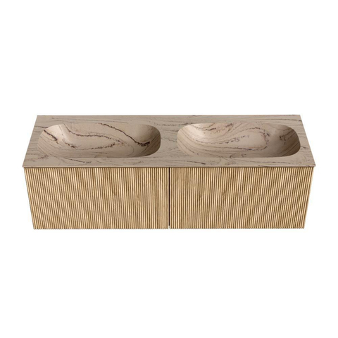 MONDIAZ KURVE-DLUX Meuble de salle de bains 140 cm couleur Oak avec 2 tiroirs et 0 portes. Lavabo STOR SMALL Double 2 trous de robinet Arena. SW1431157