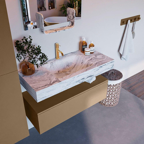 Mondiaz ALAN-DLUX Ensemble de meuble - 100cm - meuble Oro mat - 1 tiroir - Lavabo Cloud Glace suspendu - vasque Centre - 1 trou de robinet SW806157