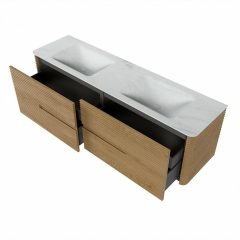 Mondiaz CIRO-DLUX Meuble de salle de bains - 170x45x50cm - Plan vasque Solid surface Opalo - 2 vasques Double - 2 trous de robinetterie - 4 tiroirs - Chêne SW1531045