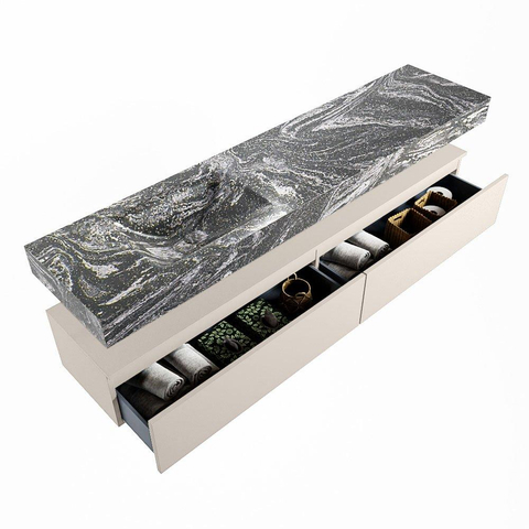 Mondiaz ALAN-DLUX Ensemble de meuble - 200cm - meuble Linen mat - 2 tiroirs - Lavabo Cloud Lava suspendu - vasque Gauche - 0 trous de robinet SW808366