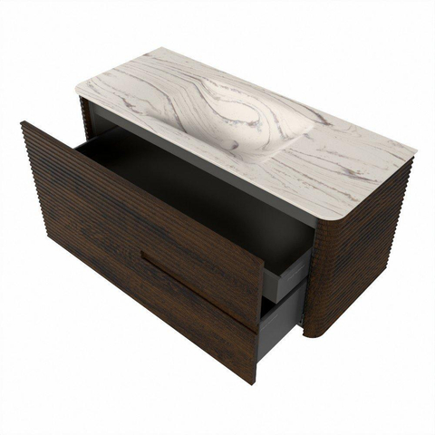 Mondiaz CIRO-DLUX Badkamermeubelset - 110x45x50cm - Solid surface wastafel Nata - 1 wasbak Midden - zonder kraangaten - 2 lades - Walnut SW1530547