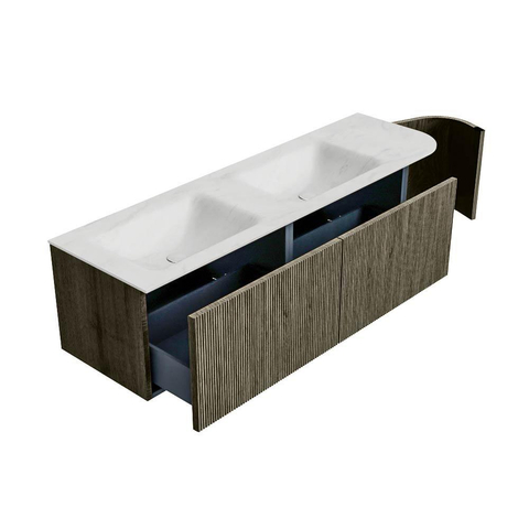 Mondiaz KURVE-DLUX Badkamermeubelset - 155x46x40cm - 2 lade - 1 deur - wastafel solid surface - dubbel / links - 2 kraangaten - Shadow SW1414092