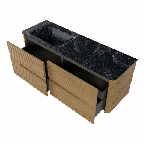 Mondiaz CIRO-DLUX Ensemble de meuble de salle de bains - 140x45x50cm - Vasque en solid surface Lava - 1 lavabo à gauche - 1 trou de robinet - 4 tiroirs - Chêne SW1531115