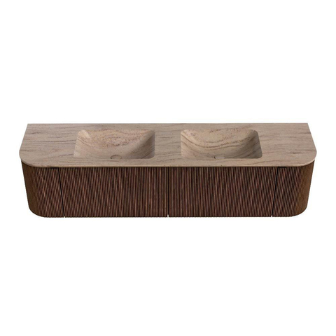 MONDIAZ KURVE-DLUX Meuble de salle de bains 180cm arrondi Gauche + Droite couleur Walnut avec 2 tiroirs et 2 portes. Lavabo LEAF Double sans trou de robinet Saba. SW1433208