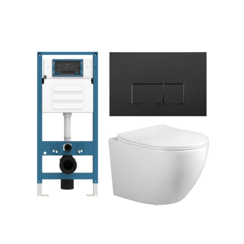 Adema Salina 2.0 Ensemble WC - 48.5x36x32cm - cuvette profonde - sans bride - réservoir encastré QeramiQ - softclose - quickrelease - abattant WC - plaque de commande en plastique noir mat - boutons rectangulaires - blanc SW1474596