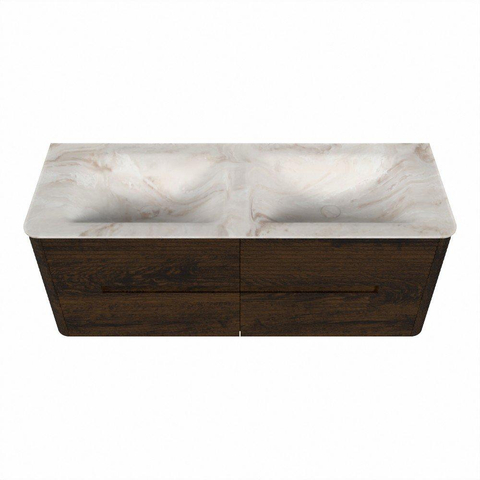 Mondiaz CIRO-DLUX Ensemble de meubles de salle de bains - 130x45x50cm - Vasque en solid surface Frappe - 2 bacs Double - sans trous de robinet - 4 tiroirs - Noyer SW1530301